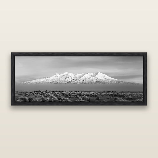 Ruapehu, The Floating Volcano, black and white framed metallic canvas print, Black frame. New Zealand fine art wall art by Stephen Milner.