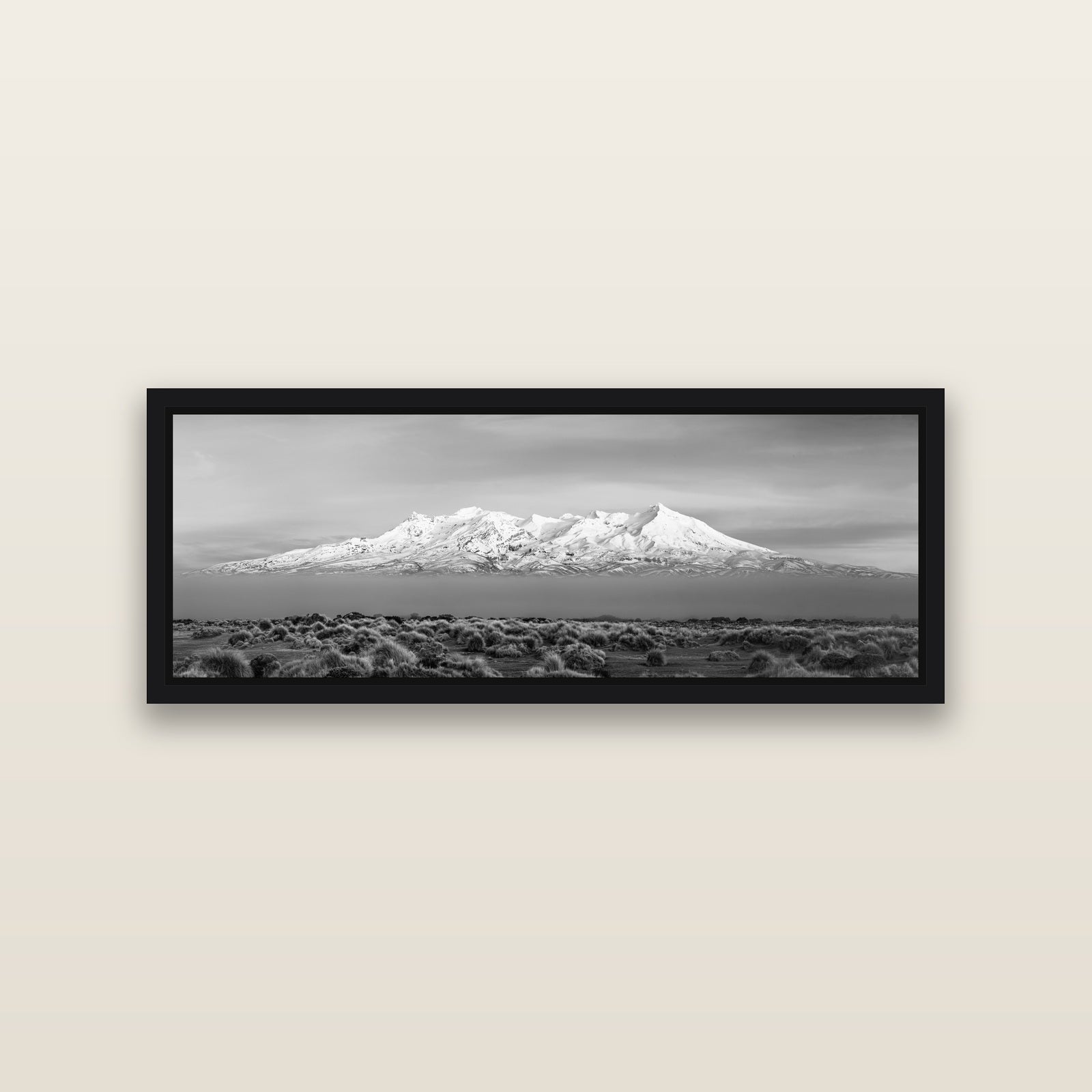 Ruapehu, The Floating Volcano — Black framed metallic canvas print, small 86 × 30 cm. New Zealand fine art landscape wall art by Stephen Milner.