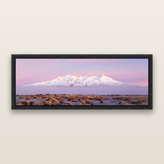 Ruapehu, The Floating Volcano — framed metallic canvas print, Black frame. New Zealand fine art landscape wall art by Stephen Milner.