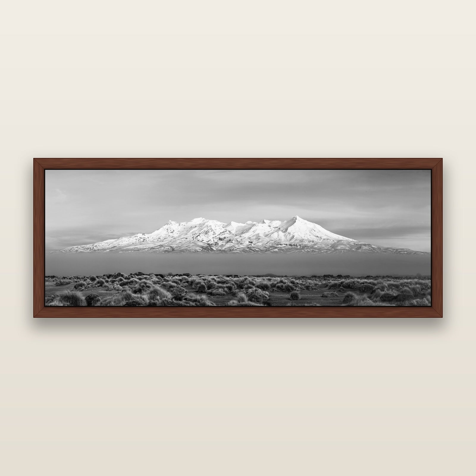 Ruapehu, The Floating Volcano, black and white framed metallic canvas print, Brown frame. New Zealand fine art wall art by Stephen Milner.