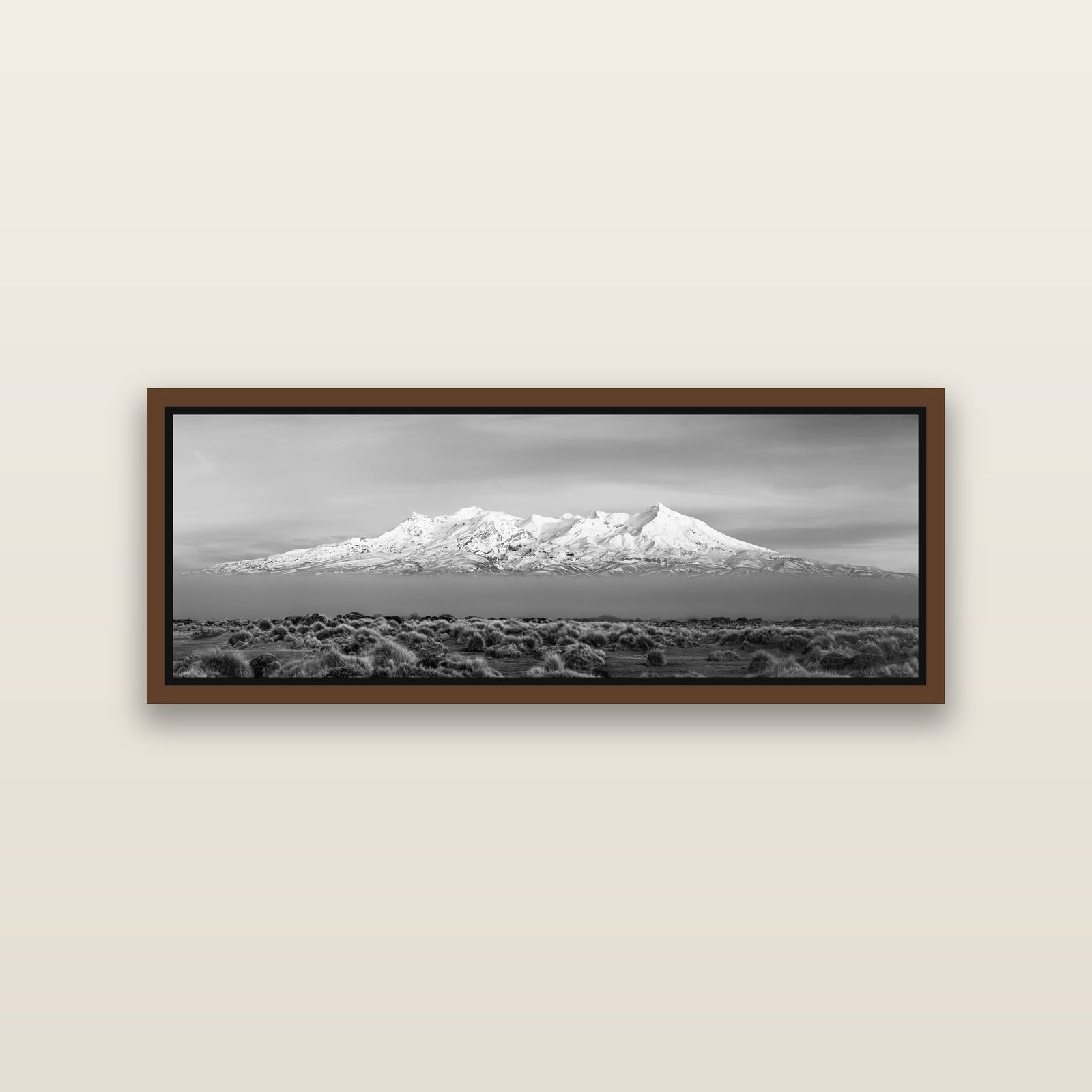 Ruapehu, The Floating Volcano — Brown framed metallic canvas print, small 86 × 30 cm. New Zealand fine art landscape wall art by Stephen Milner.