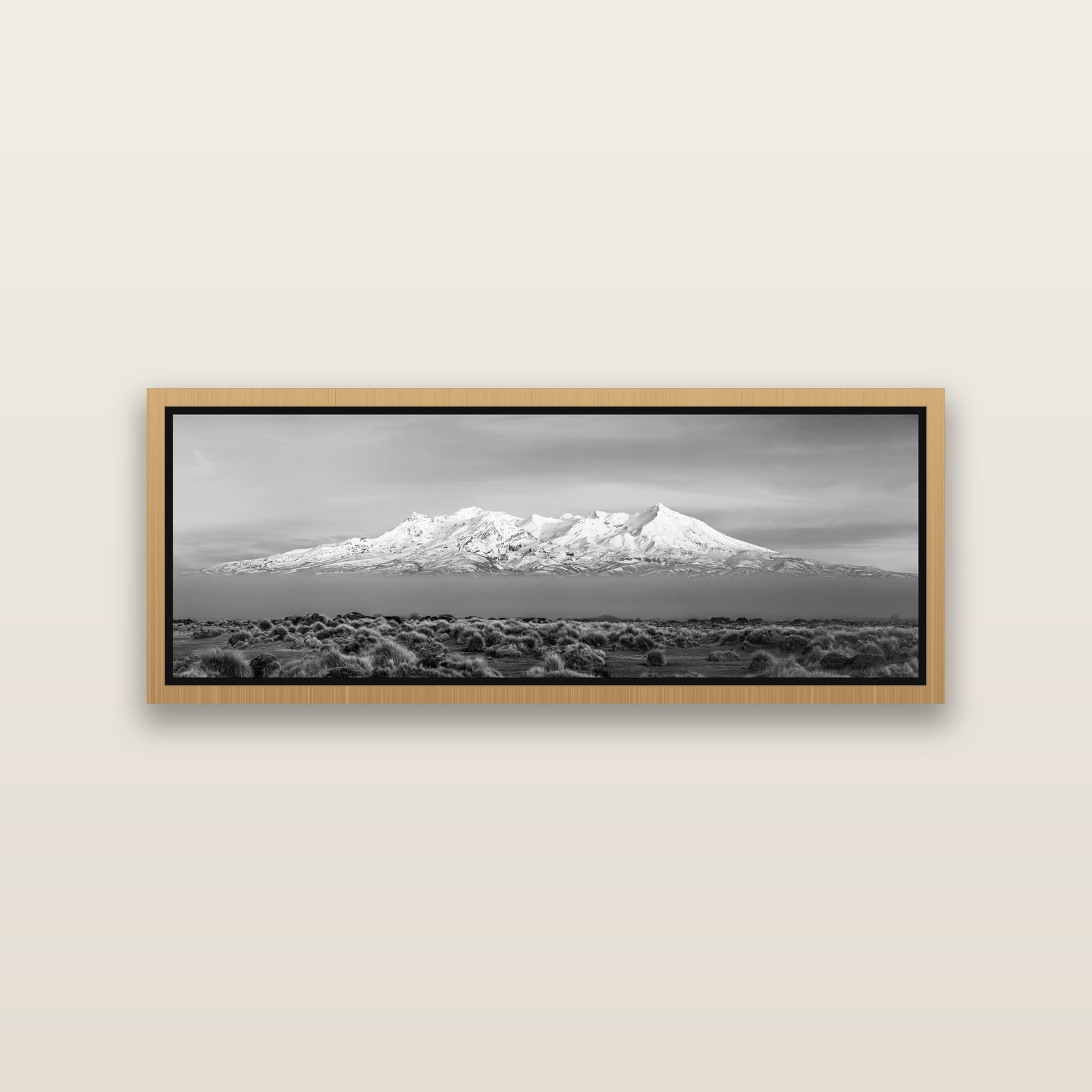 Ruapehu, The Floating Volcano — Natural framed metallic canvas print, small 86 × 30 cm. New Zealand fine art landscape wall art by Stephen Milner.