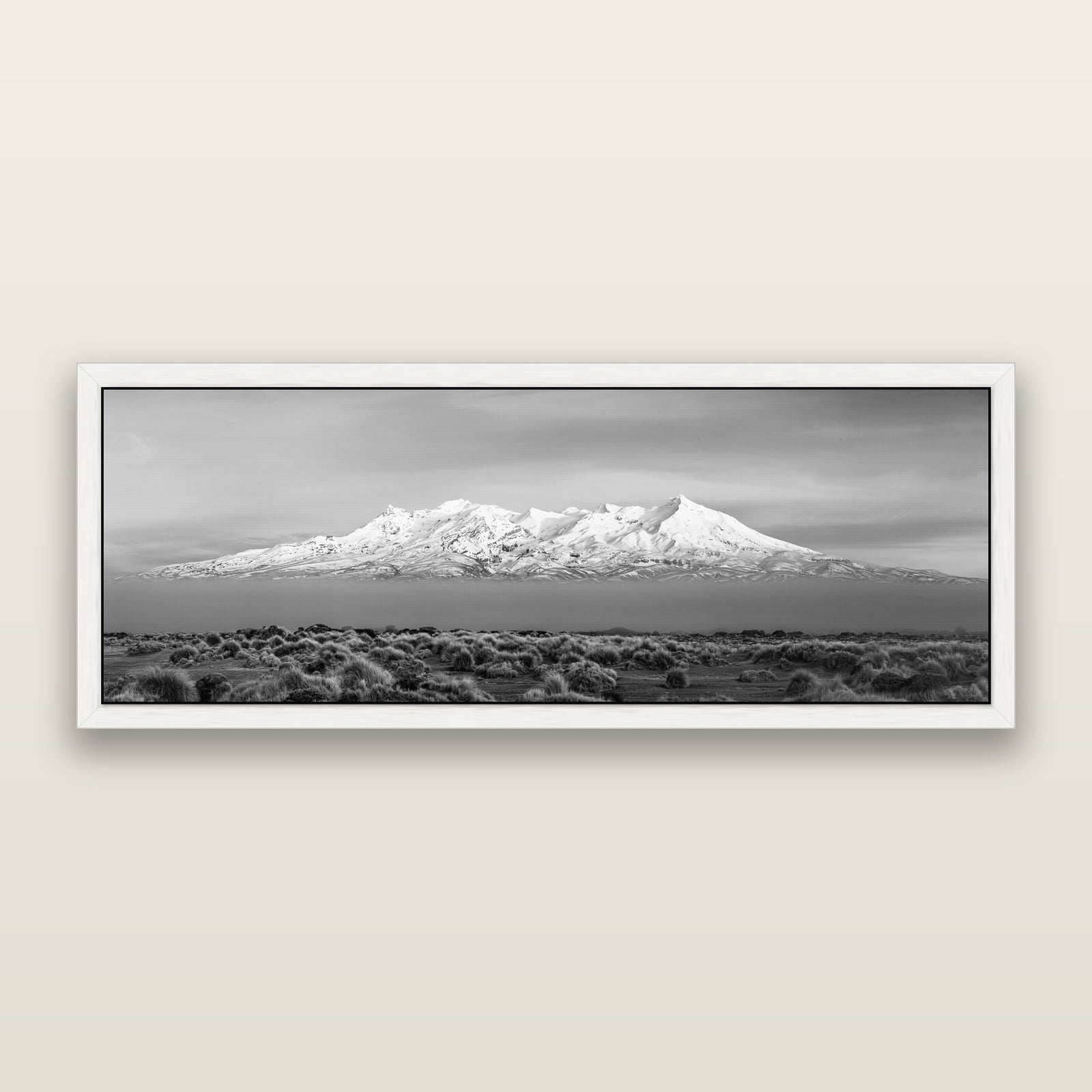 Ruapehu, The Floating Volcano, black and white framed metallic canvas print, White frame. New Zealand fine art wall art by Stephen Milner.