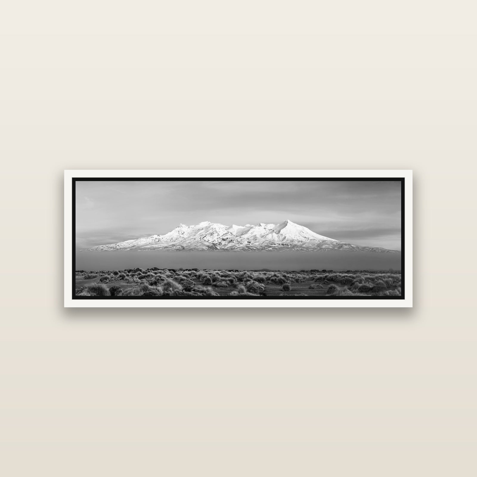 Ruapehu, The Floating Volcano — White framed metallic canvas print, small 86 × 30 cm. New Zealand fine art landscape wall art by Stephen Milner.