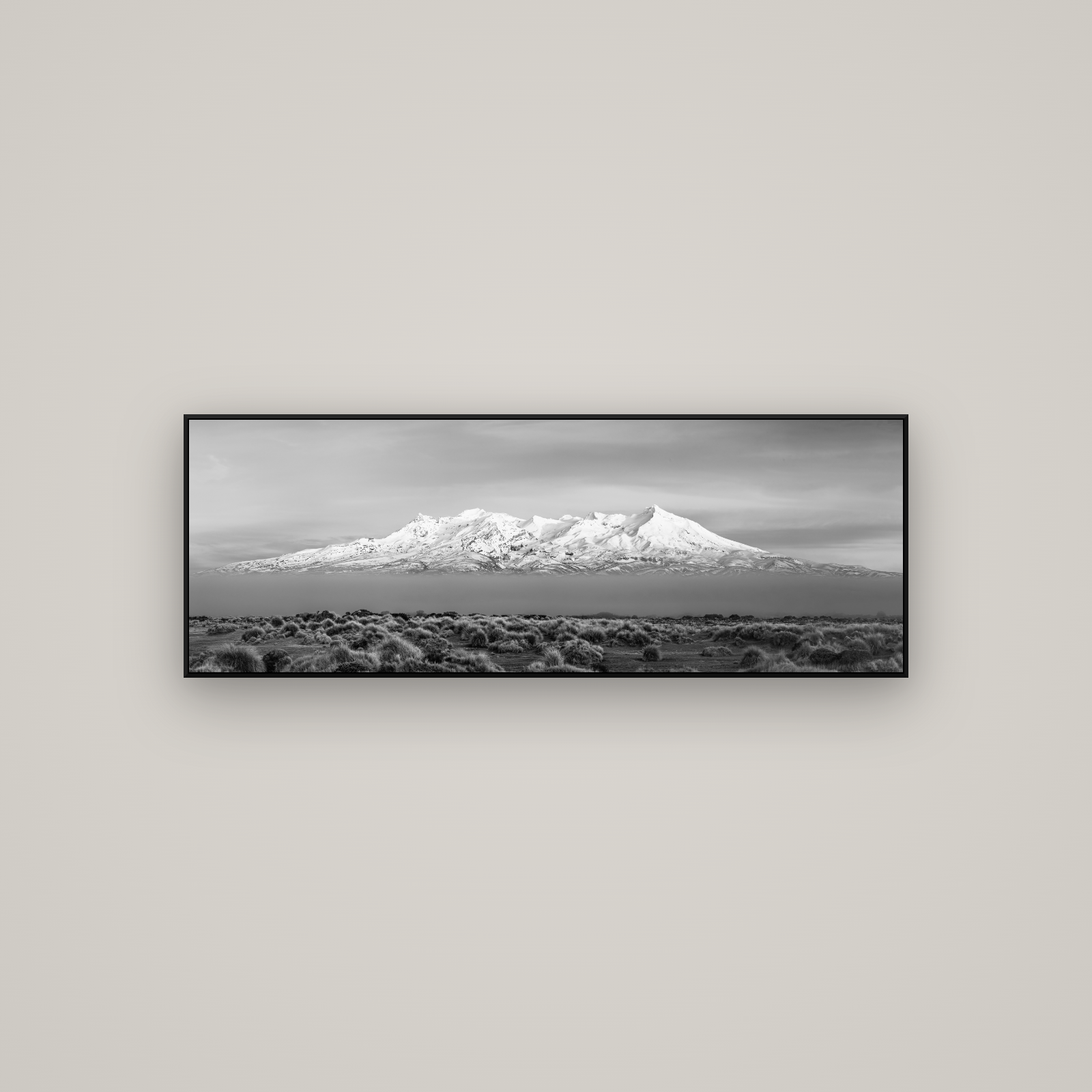 Ruapehu, The Floating Volcano — ArtBox Black, 113×40 cm. New Zealand fine art wall art by Stephen Milner.