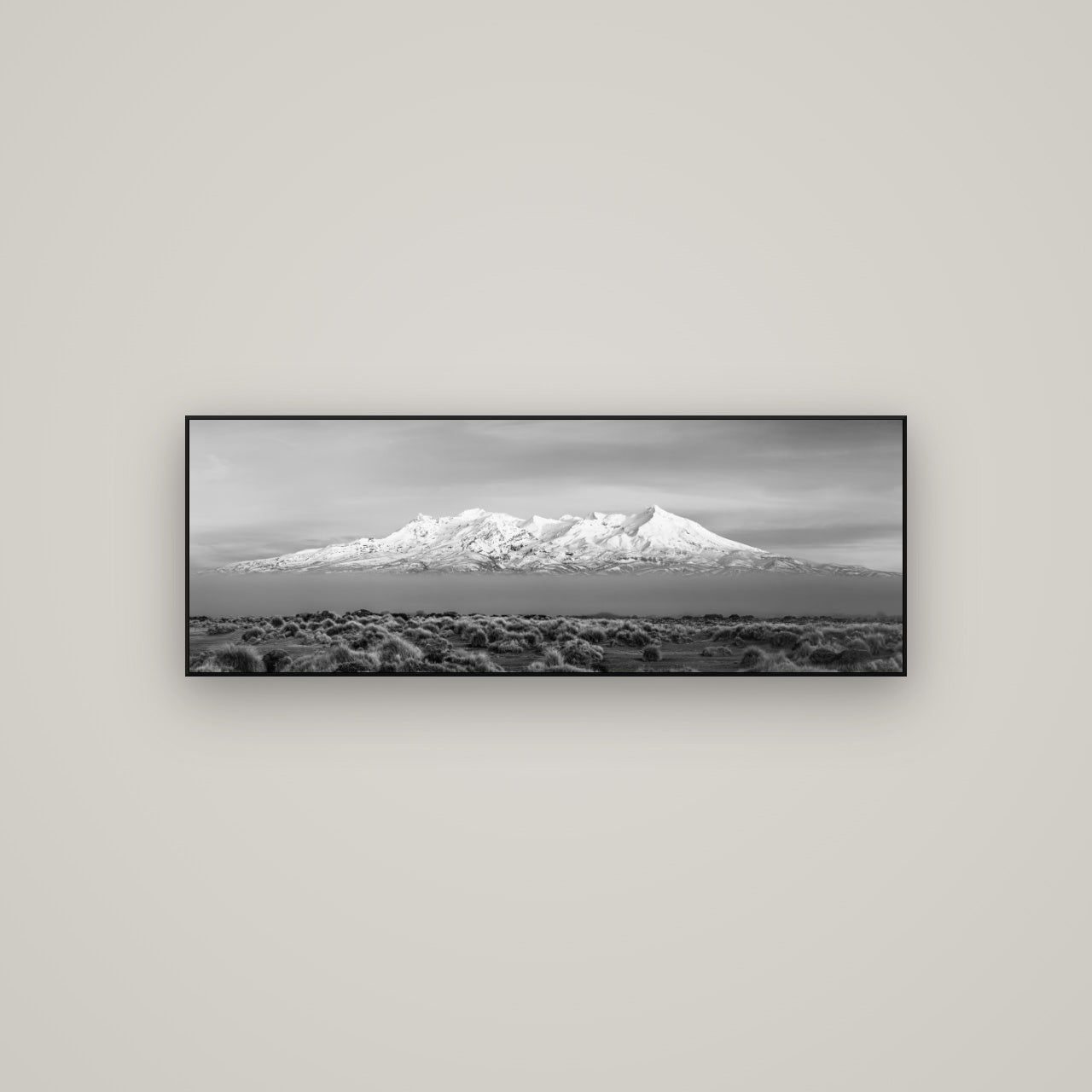 Ruapehu, The Floating Volcano — ArtBox Black, 113×40 cm. New Zealand fine art wall art by Stephen Milner.