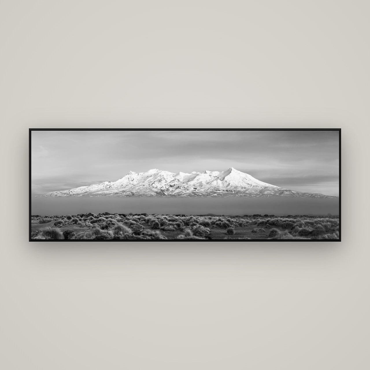 Ruapehu, The Floating Volcano — ArtBox Black, 170×60 cm. New Zealand fine art wall art by Stephen Milner.
