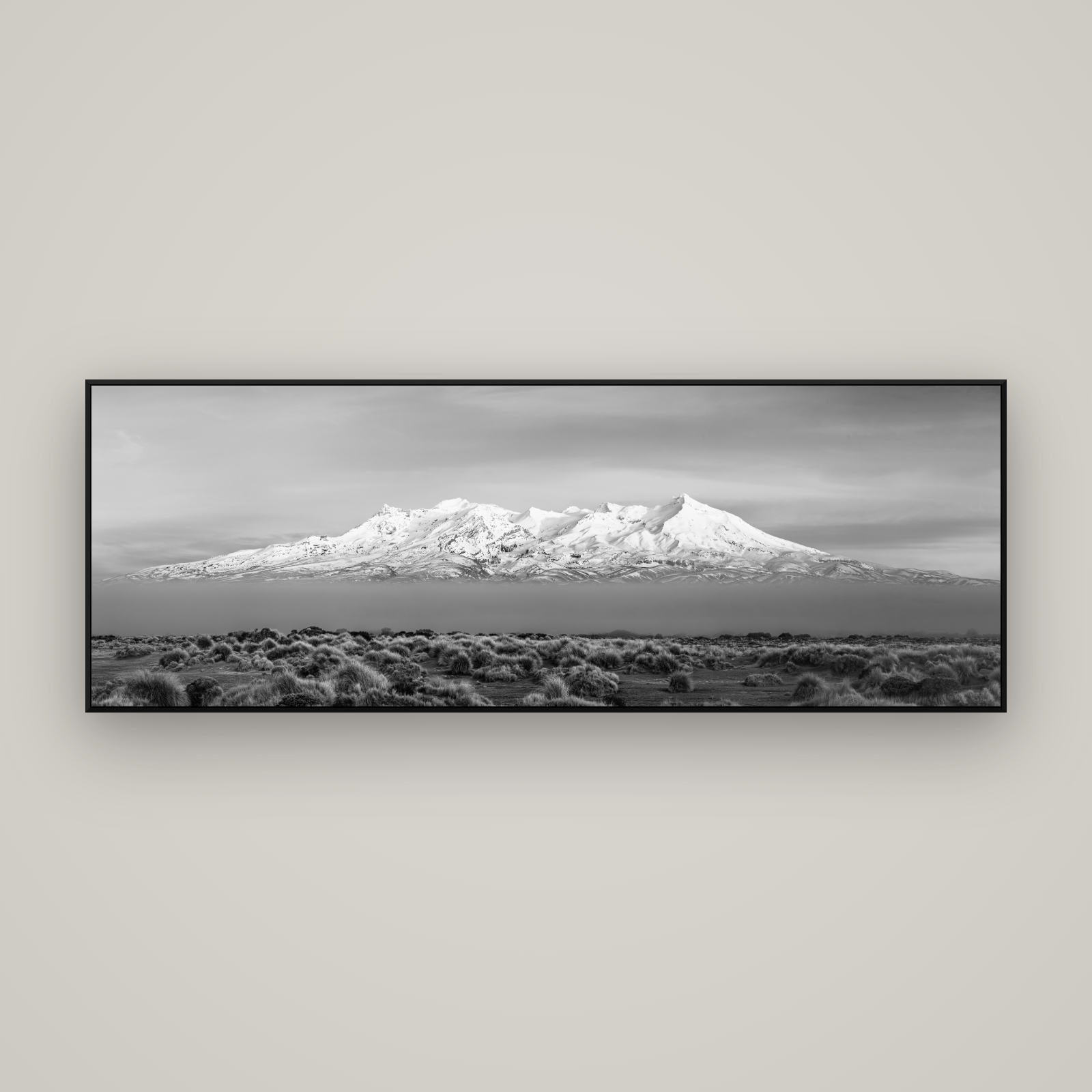 Ruapehu, The Floating Volcano — ArtBox Black, 170×60 cm. New Zealand fine art wall art by Stephen Milner.