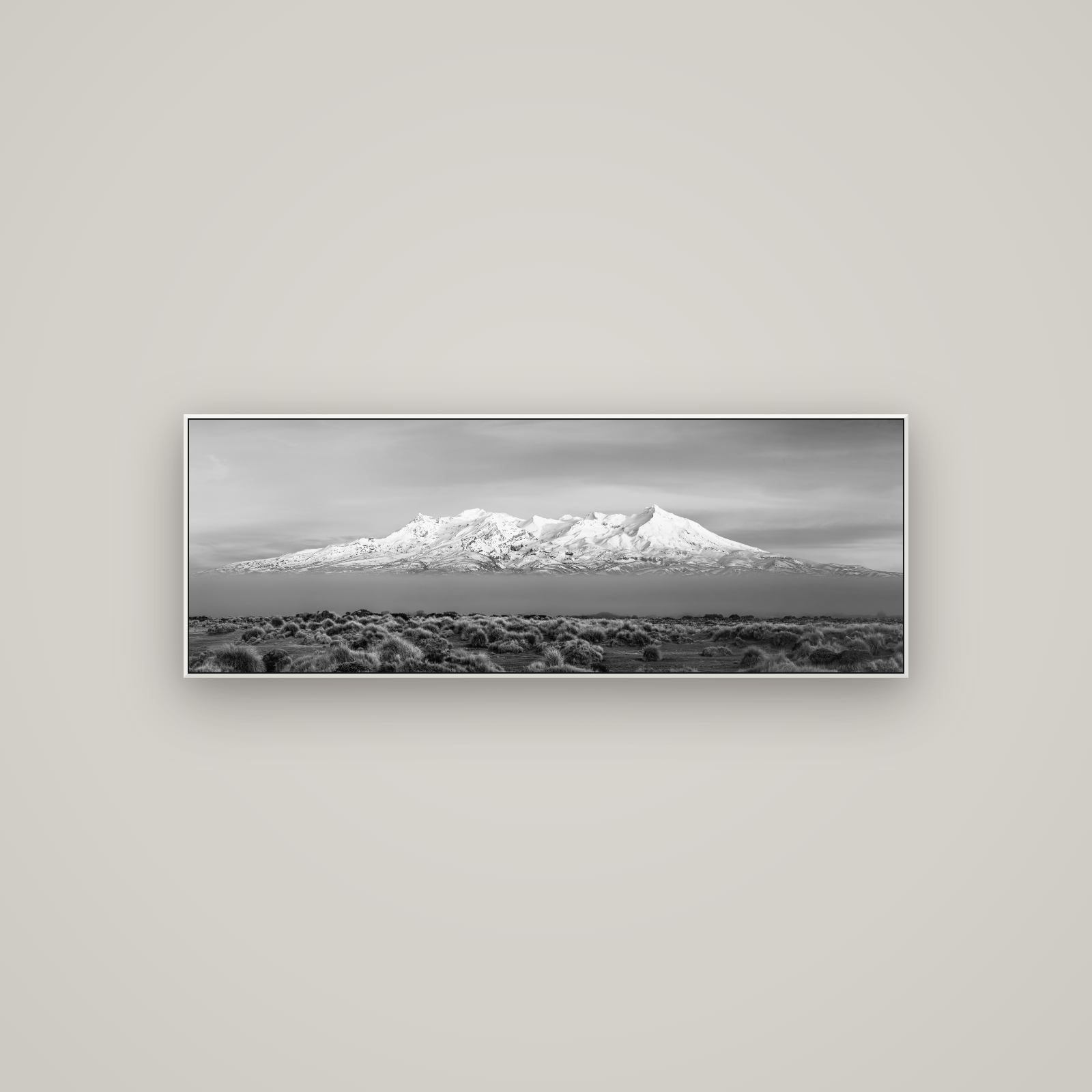 Ruapehu, The Floating Volcano — ArtBox White, 113×40 cm. New Zealand fine art wall art by Stephen Milner.