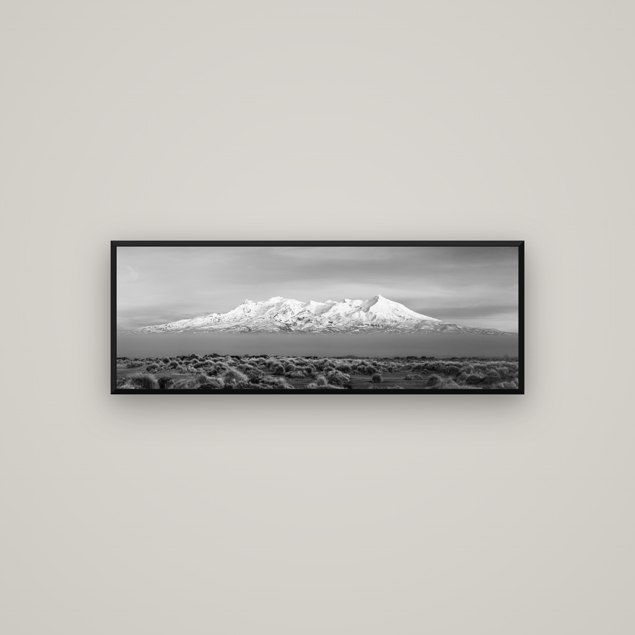 Ruapehu, The Floating Volcano — Basel Black Matte, 113×40 cm. New Zealand fine art wall art by Stephen Milner.