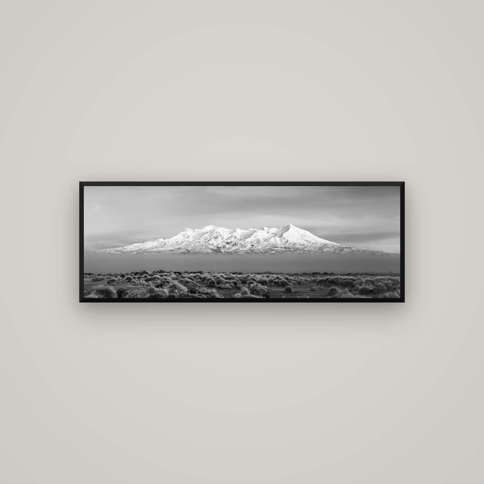 Ruapehu, The Floating Volcano — Basel Black Matte, 113×40 cm. New Zealand fine art wall art by Stephen Milner.
