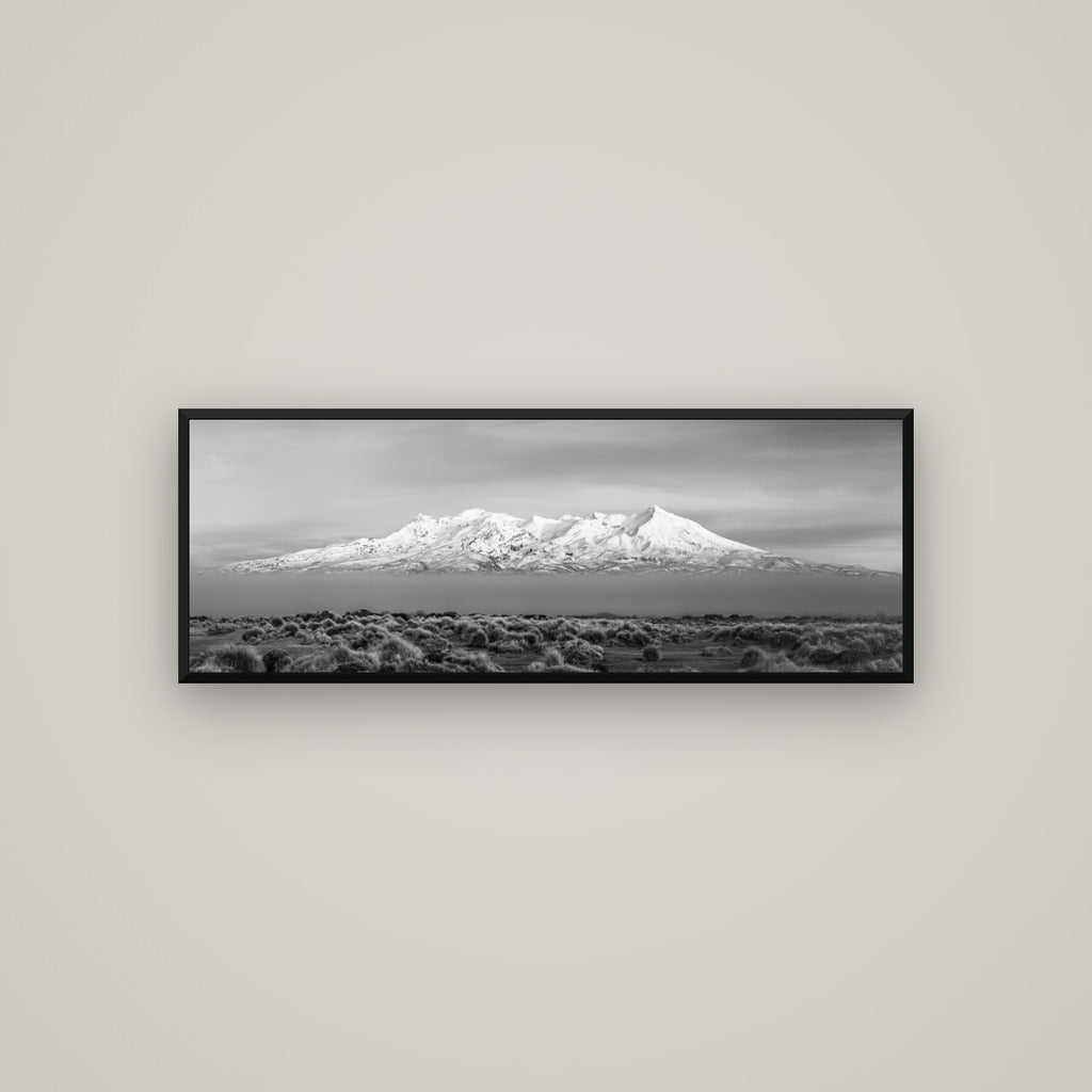 Ruapehu, The Floating Volcano — Basel Black Matte, 113×40 cm. New Zealand fine art wall art by Stephen Milner.