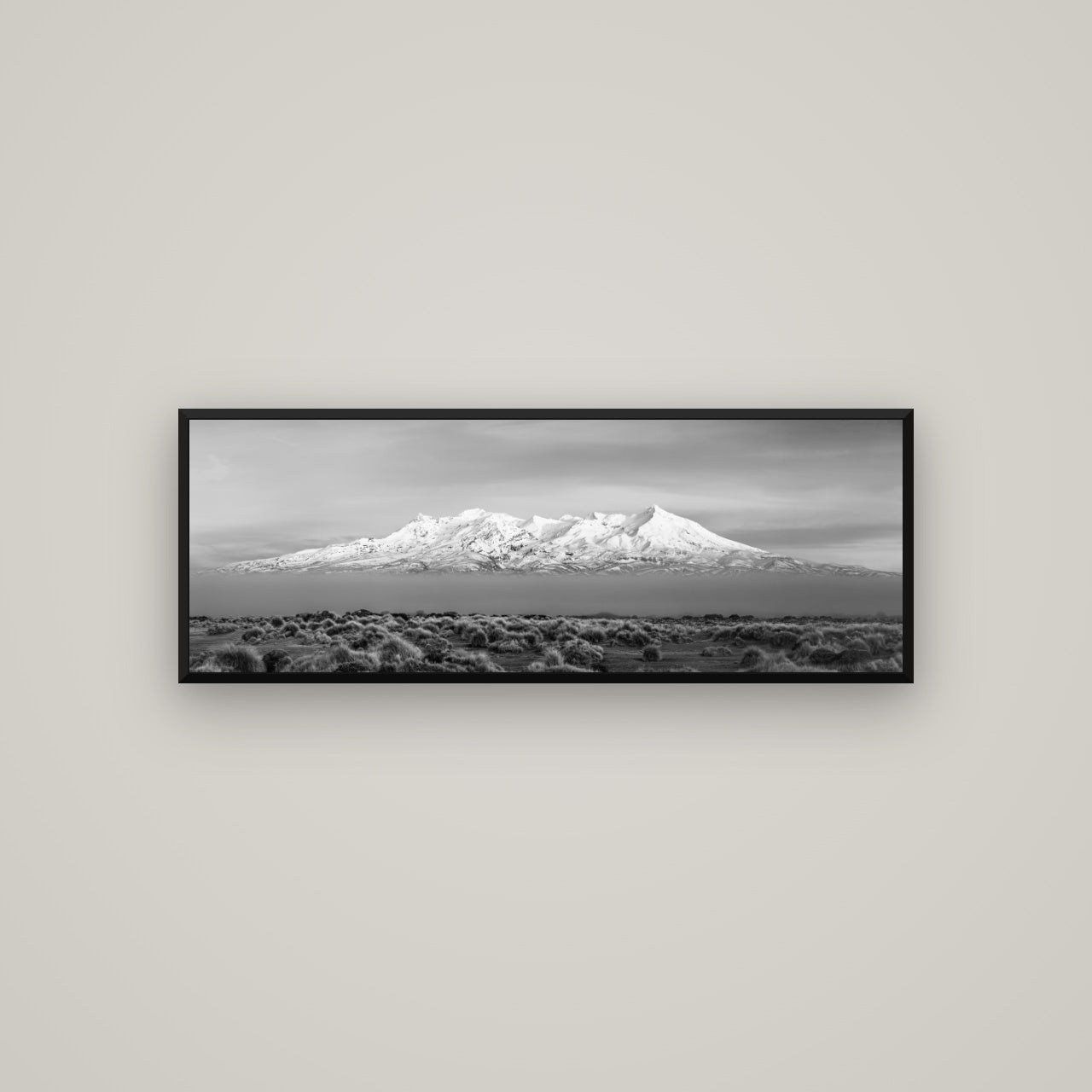 Ruapehu, The Floating Volcano — Basel Black, 113×40 cm. New Zealand fine art wall art by Stephen Milner.