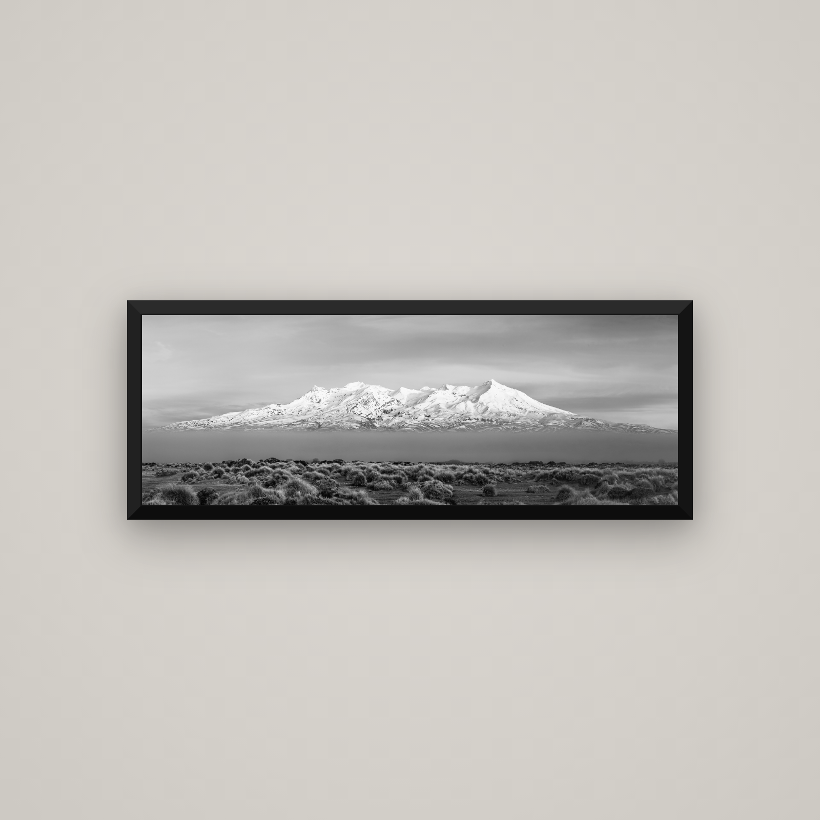Ruapehu, The Floating Volcano — Basel Black, 113×40 cm. New Zealand fine art wall art by Stephen Milner.