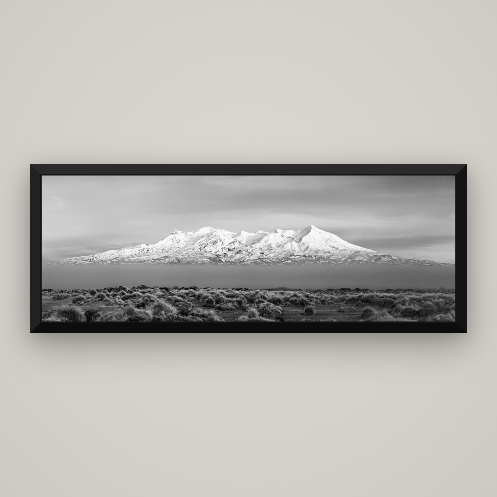 Ruapehu, The Floating Volcano — Basel Black, 170×60 cm. New Zealand fine art wall art by Stephen Milner.