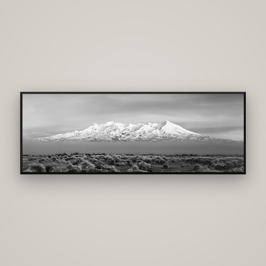 Ruapehu, The Floating Volcano — Basel Black Matte, 170×60 cm. New Zealand fine art wall art by Stephen Milner.