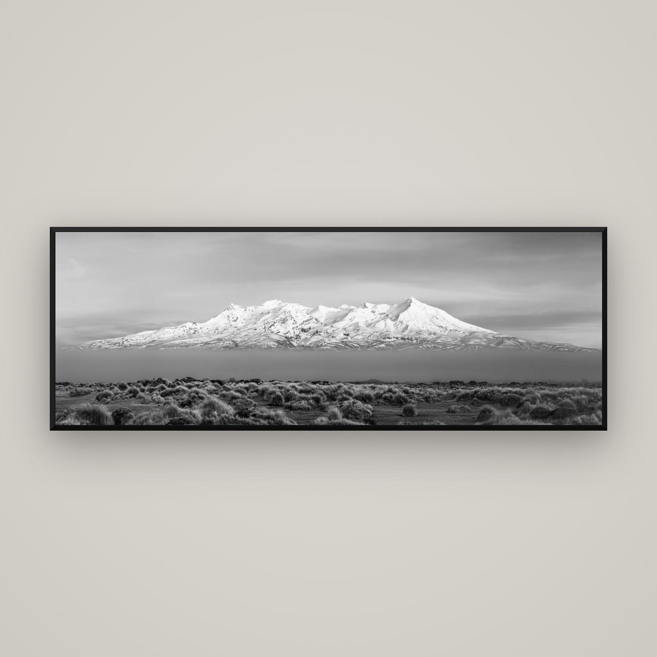 Ruapehu, The Floating Volcano — Basel Black, 170×60 cm. New Zealand fine art wall art by Stephen Milner.