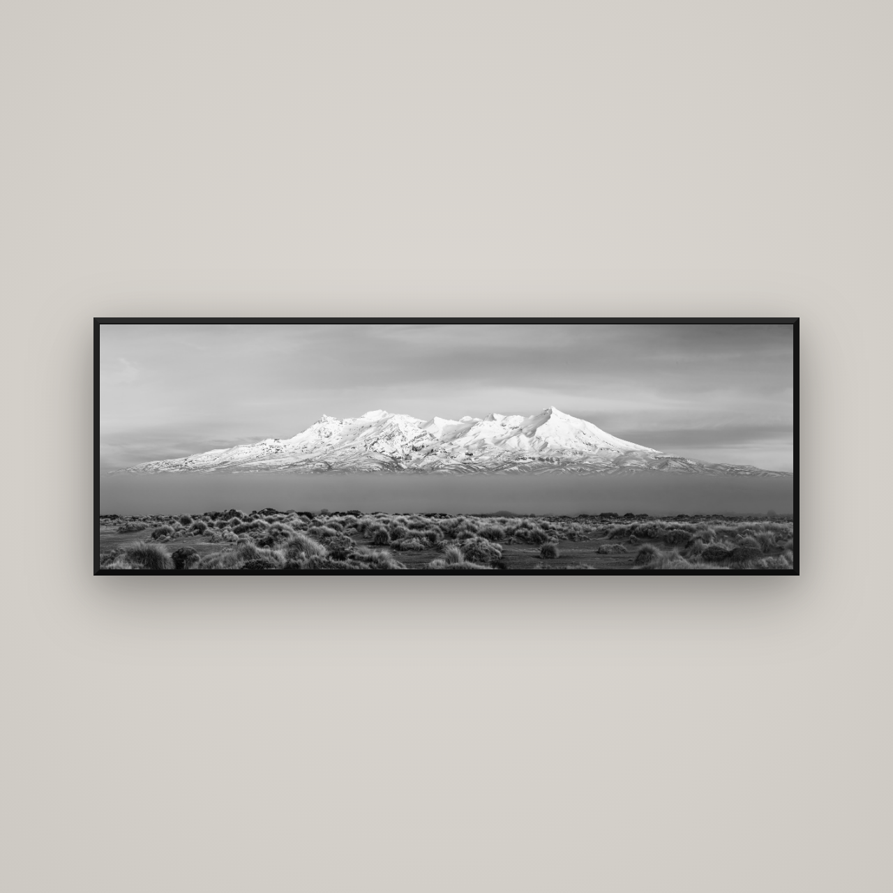 Ruapehu, The Floating Volcano — Basel Black Matte, 170×60 cm. New Zealand fine art wall art by Stephen Milner.