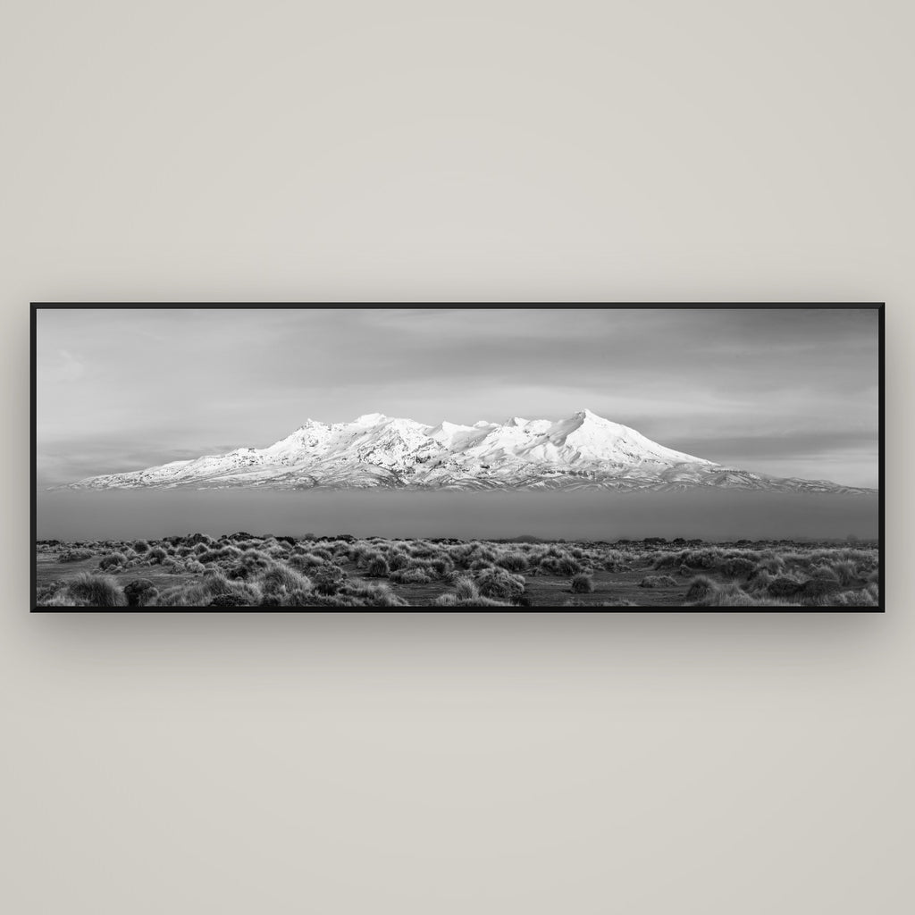 Ruapehu, The Floating Volcano — Basel Black, 198×70 cm. New Zealand fine art wall art by Stephen Milner.