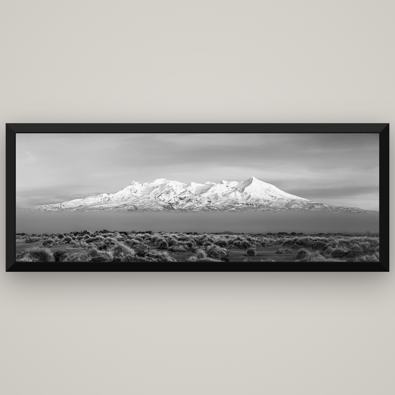 Ruapehu, The Floating Volcano — Basel Black, 198×70 cm. New Zealand fine art wall art by Stephen Milner.