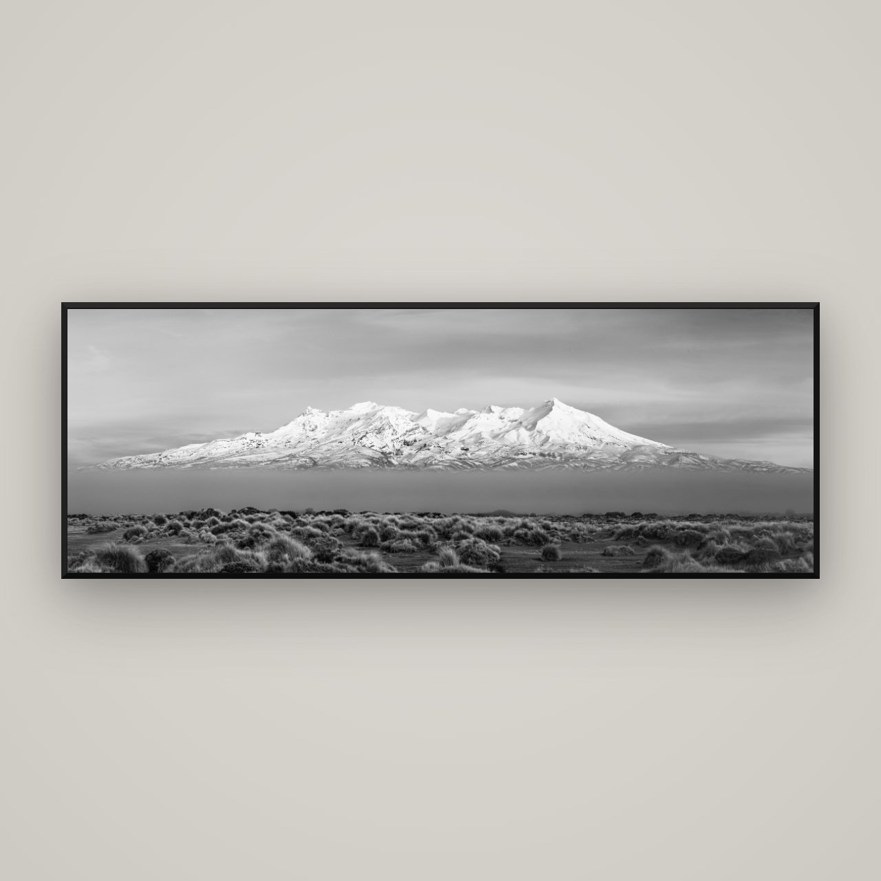 Ruapehu, The Floating Volcano — Basel Black Matte, 198×70 cm. New Zealand fine art wall art by Stephen Milner.