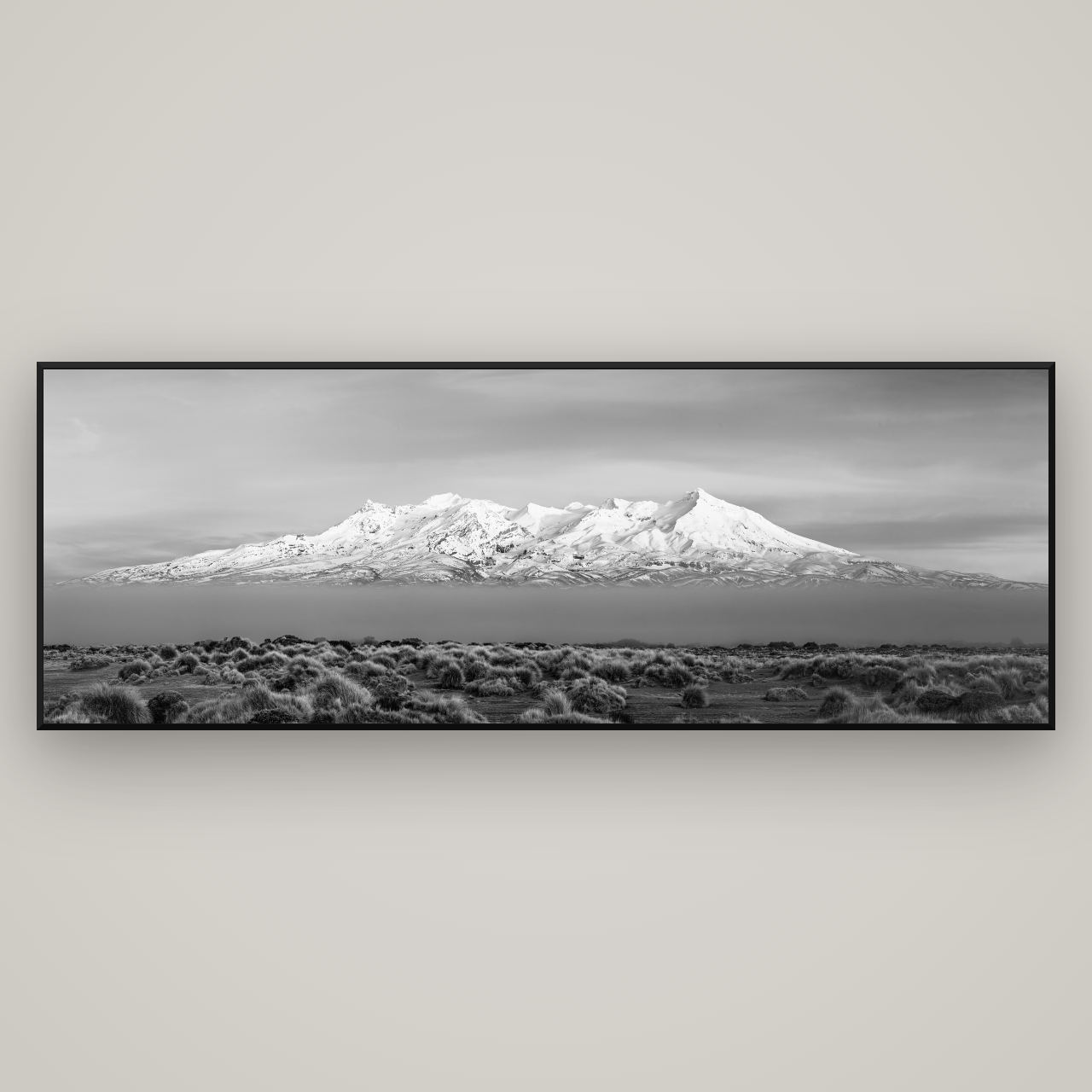 Ruapehu, The Floating Volcano — Basel Black Matte, 227×80 cm. New Zealand fine art wall art by Stephen Milner.