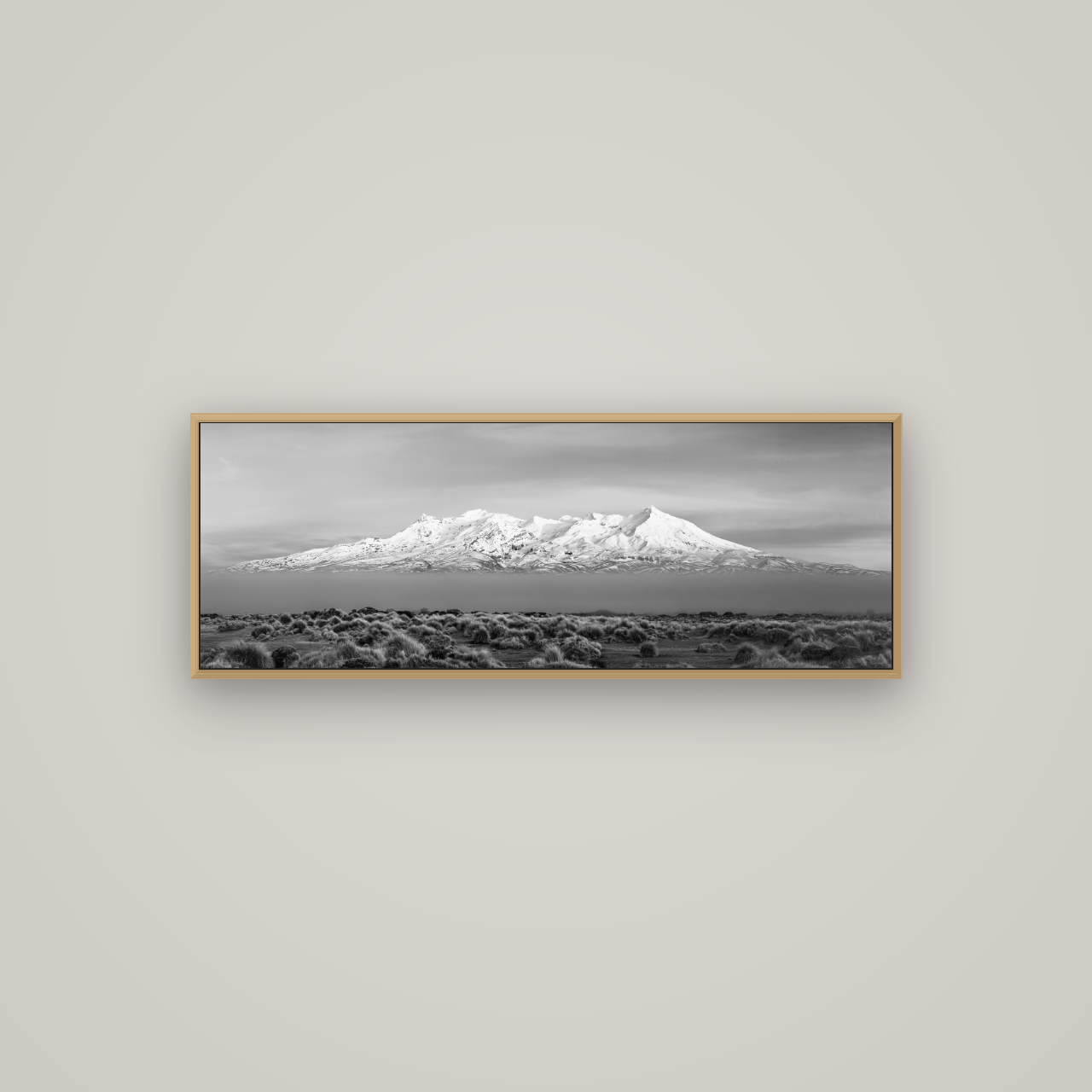Ruapehu, The Floating Volcano, Basel Natural Oak, 113×40 cm. New Zealand fine art wall art by Stephen Milner.
