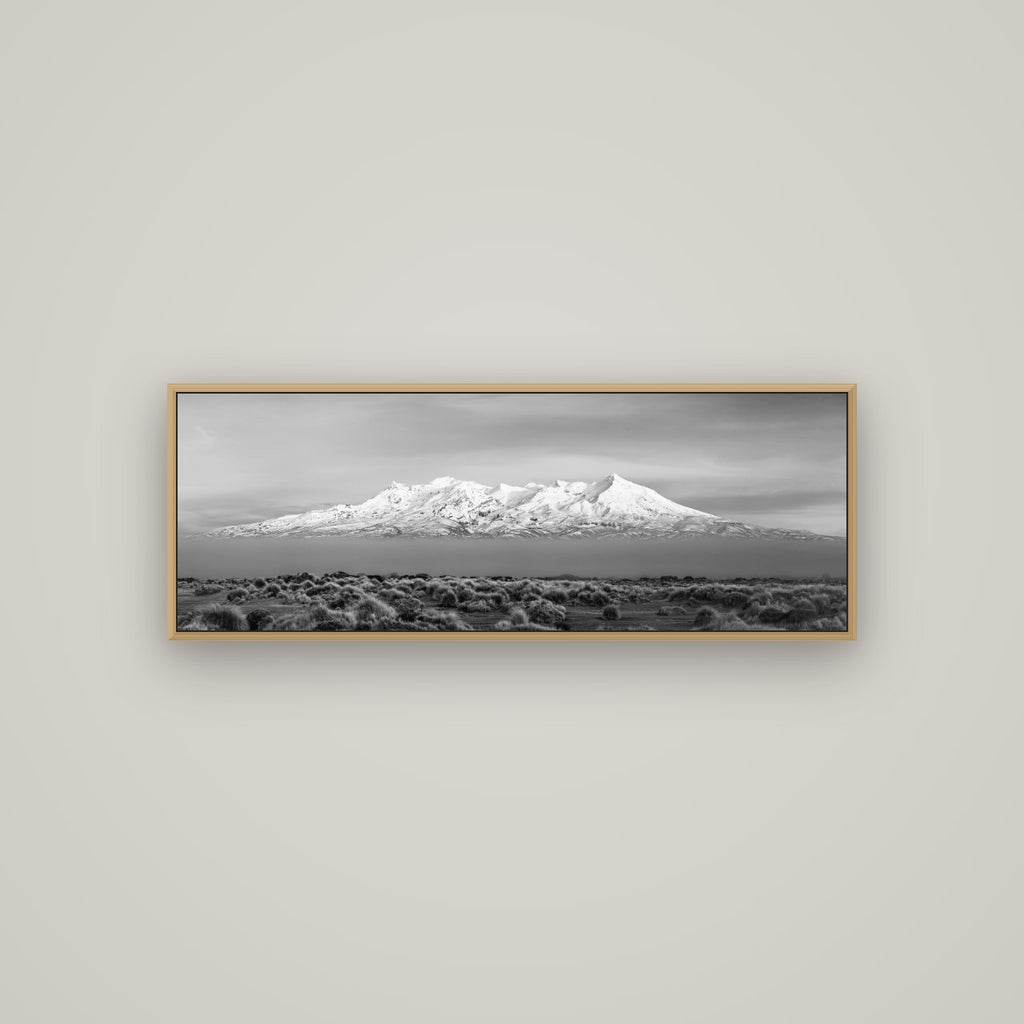 Ruapehu, The Floating Volcano, Basel Natural Oak, 113×40 cm. New Zealand fine art wall art by Stephen Milner.
