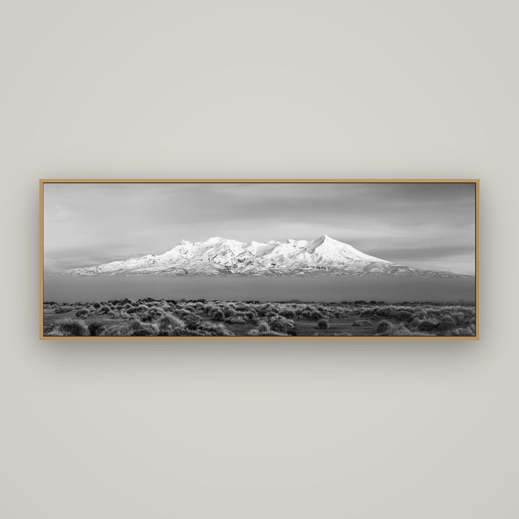 Ruapehu, The Floating Volcano, Basel Natural Oak, 170×60 cm. New Zealand fine art wall art by Stephen Milner.