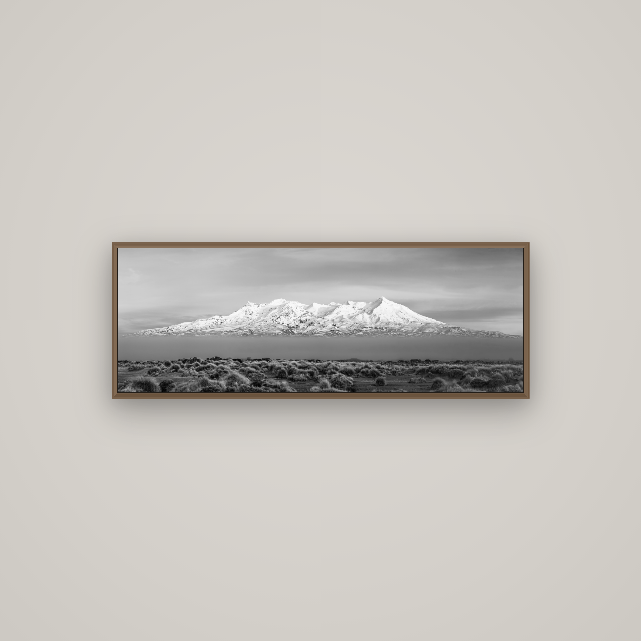 Ruapehu, The Floating Volcano, Basel Walnut, 113×40 cm. New Zealand fine art wall art by Stephen Milner.