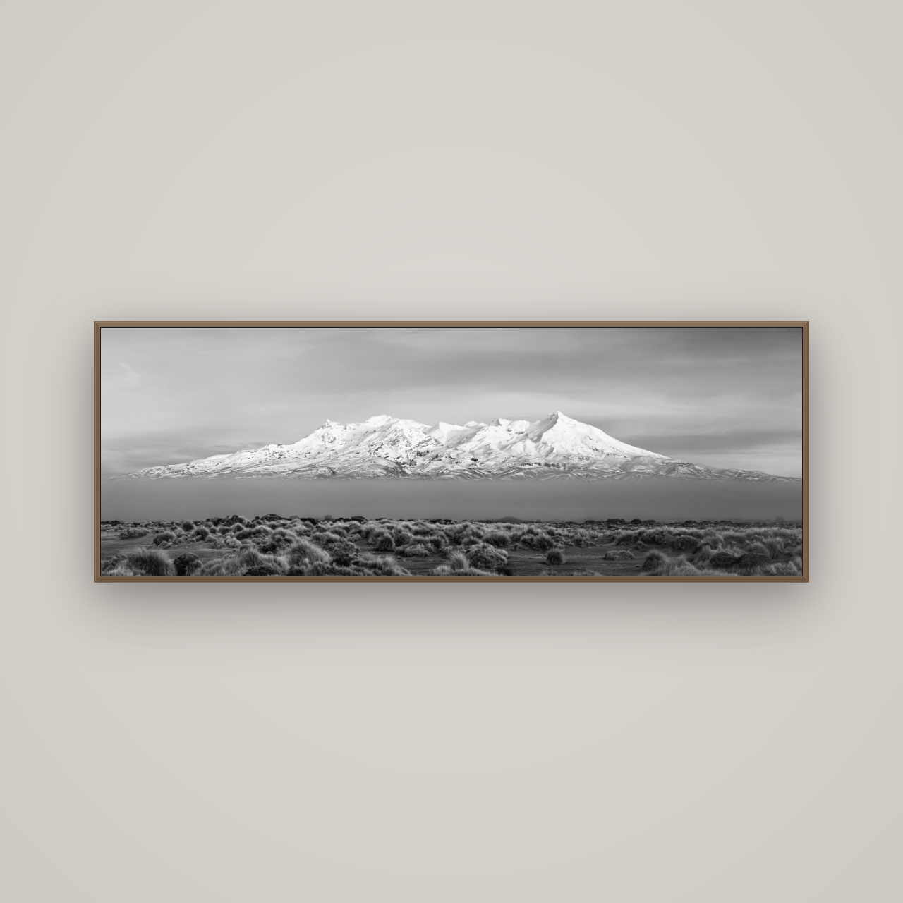 Ruapehu, The Floating Volcano, Basel Walnut, 170×60 cm. New Zealand fine art wall art by Stephen Milner.