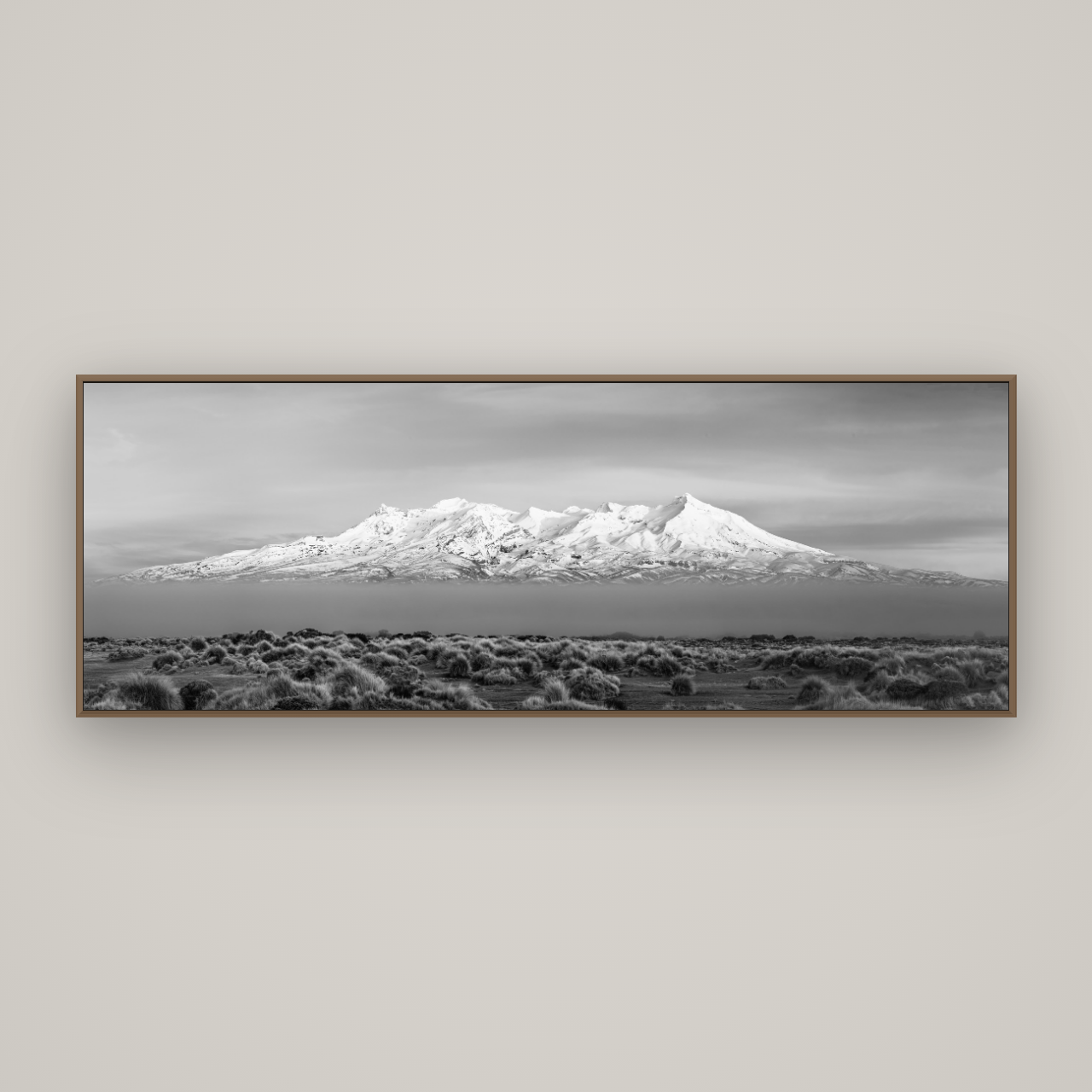 Ruapehu, The Floating Volcano, Basel Walnut, 198×70 cm. New Zealand fine art wall art by Stephen Milner.