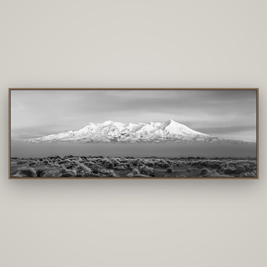 Ruapehu, The Floating Volcano, Basel Walnut, 198×70 cm. New Zealand fine art wall art by Stephen Milner.