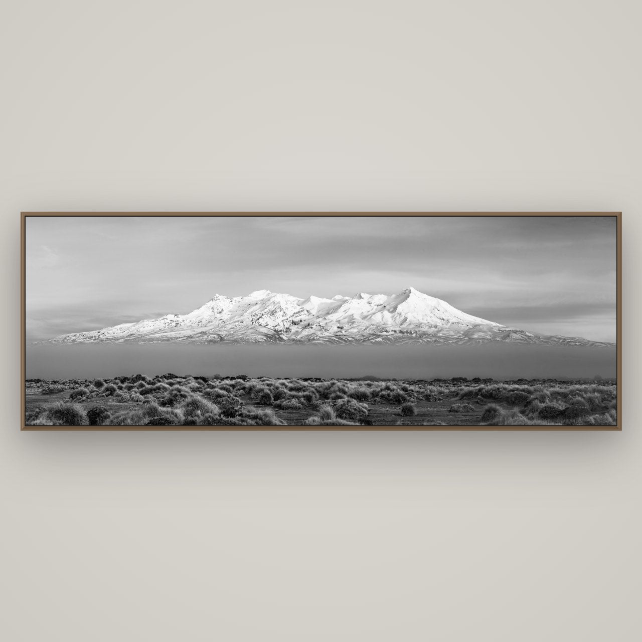 Ruapehu, The Floating Volcano, Basel Walnut, 198×70 cm. New Zealand fine art wall art by Stephen Milner.
