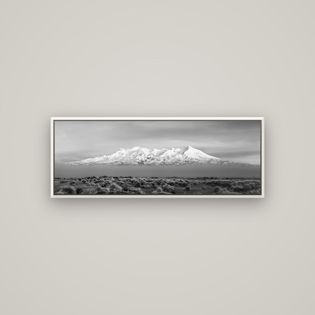 Ruapehu, The Floating Volcano — Basel White, 113×40 cm. New Zealand fine art wall art by Stephen Milner.