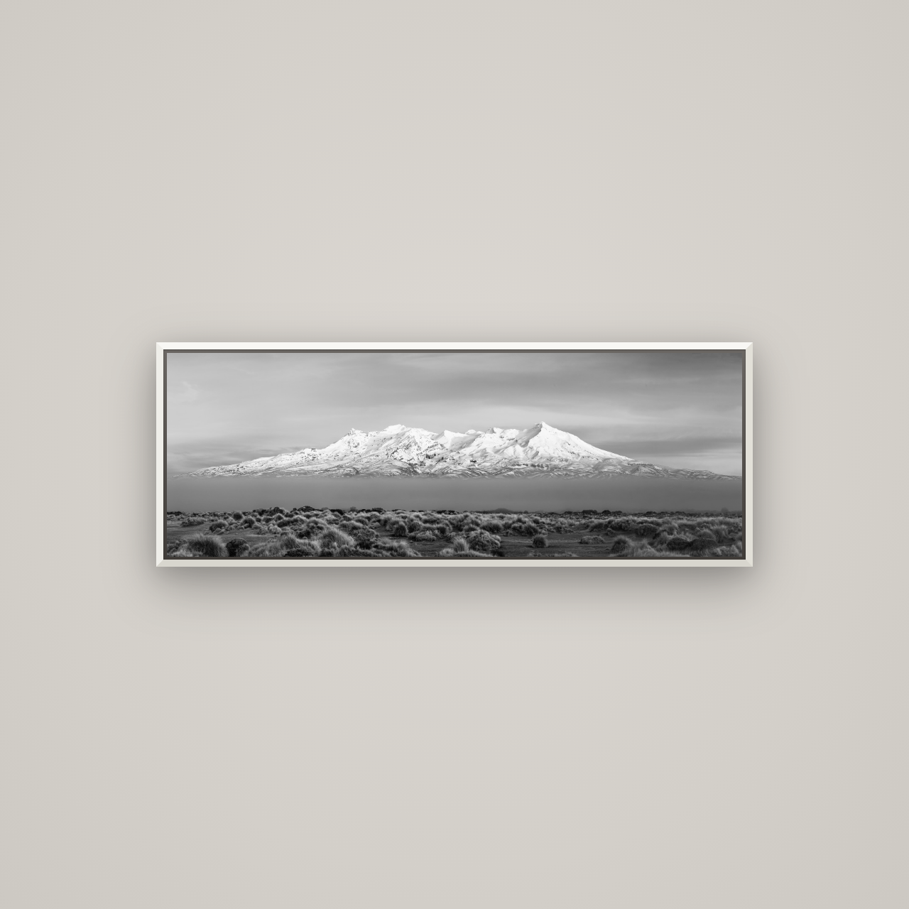 Ruapehu, The Floating Volcano — Basel White, 113×40 cm. New Zealand fine art wall art by Stephen Milner.