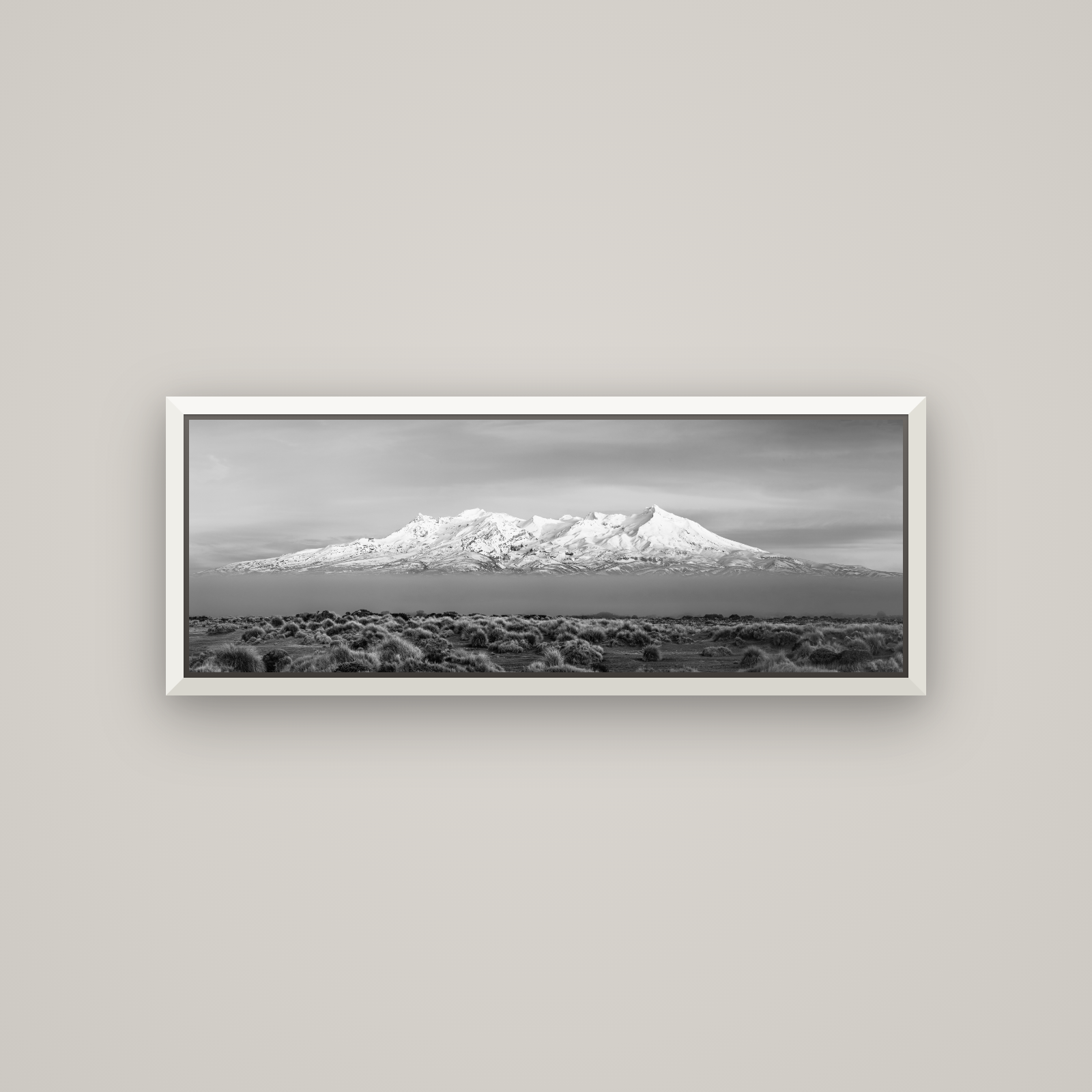 Ruapehu, The Floating Volcano — Basel White, 113×40 cm. New Zealand fine art wall art by Stephen Milner.