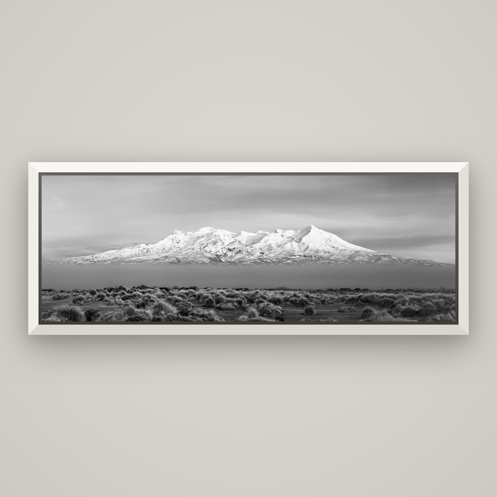 Ruapehu, The Floating Volcano — Basel White, 170×60 cm. New Zealand fine art wall art by Stephen Milner.