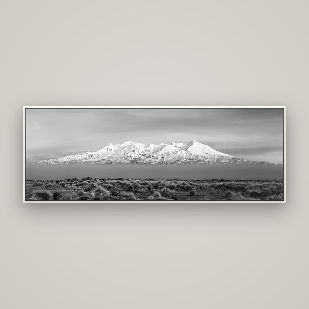 Ruapehu, The Floating Volcano — Basel White, 170×60 cm. New Zealand fine art wall art by Stephen Milner.