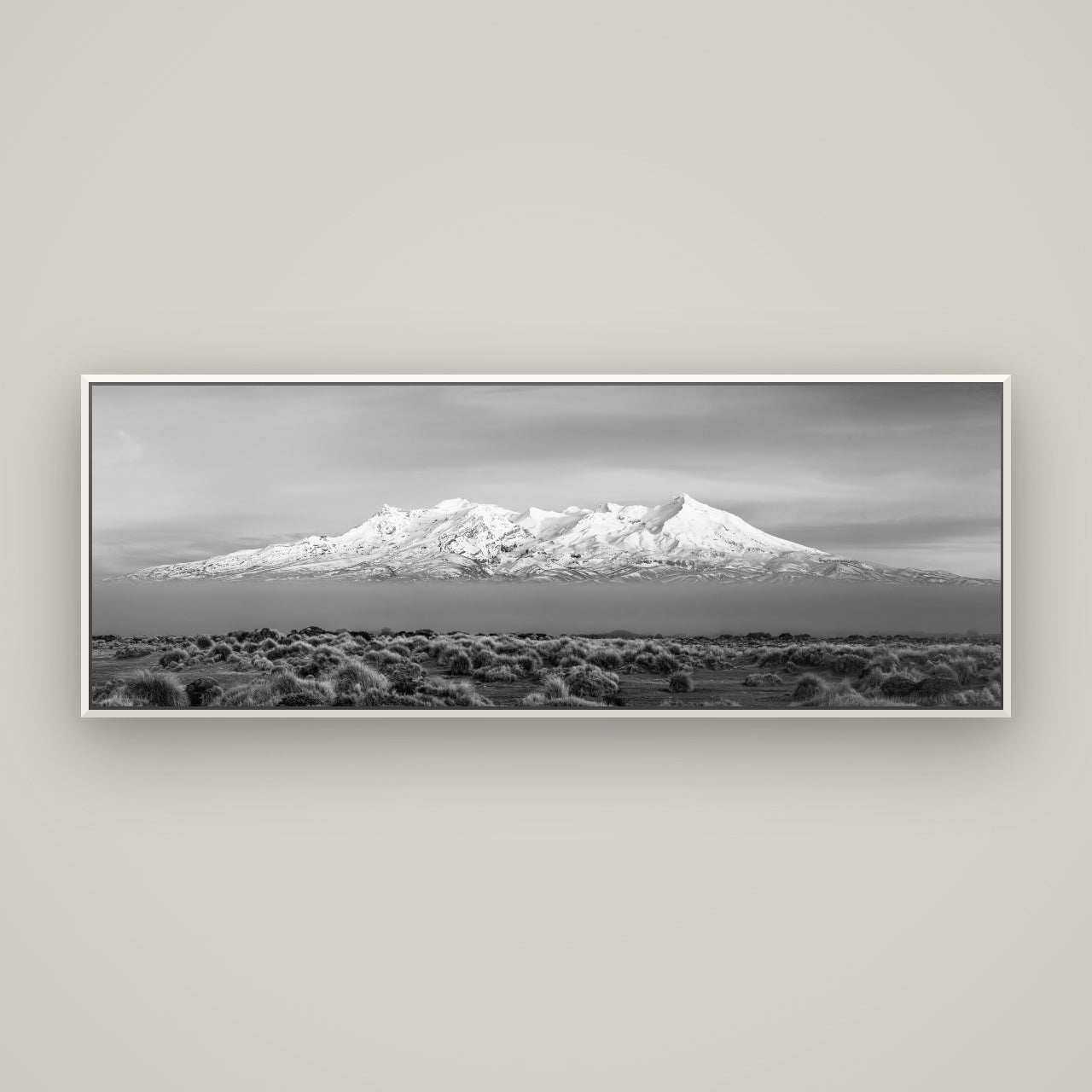 Ruapehu, The Floating Volcano — Basel White, 170×60 cm. New Zealand fine art wall art by Stephen Milner.