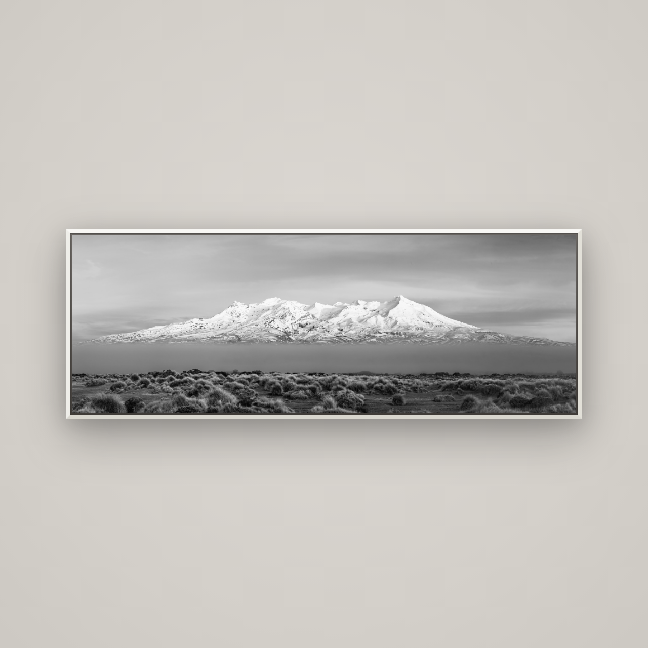 Ruapehu, The Floating Volcano — Basel White, 170×60 cm. New Zealand fine art wall art by Stephen Milner.