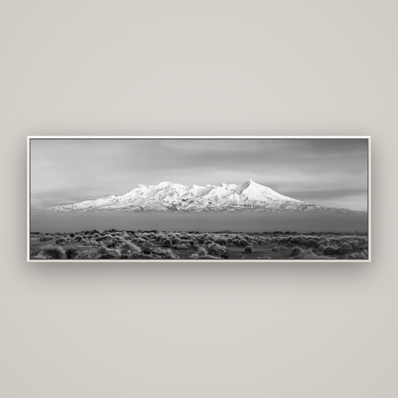 Ruapehu, The Floating Volcano — Basel White, 198×70 cm. New Zealand fine art wall art by Stephen Milner.