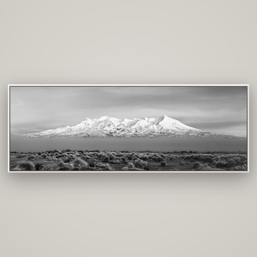 Ruapehu, The Floating Volcano — Basel White, 198×70 cm. New Zealand fine art wall art by Stephen Milner.