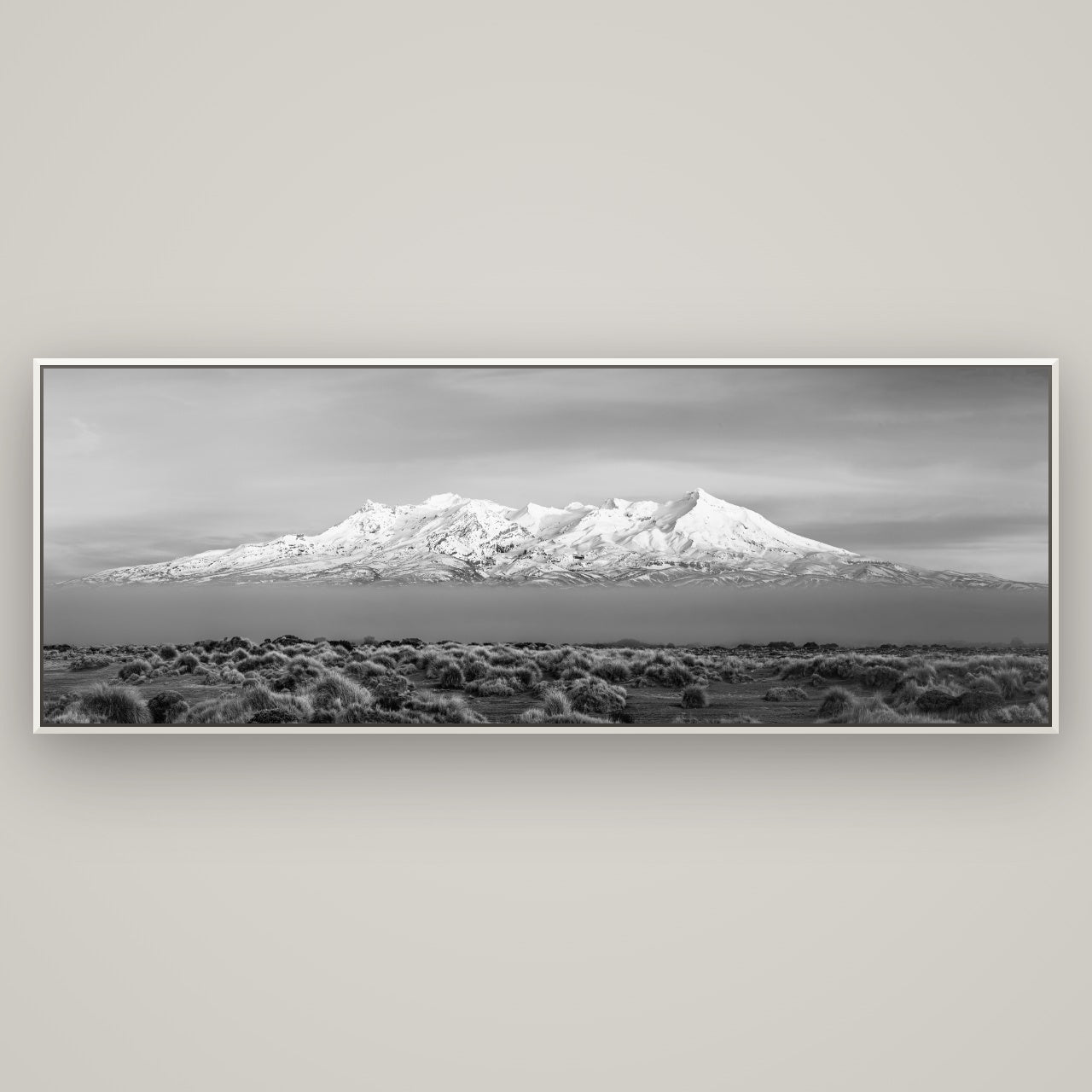 Ruapehu, The Floating Volcano — Basel White, 198×70 cm. New Zealand fine art wall art by Stephen Milner.