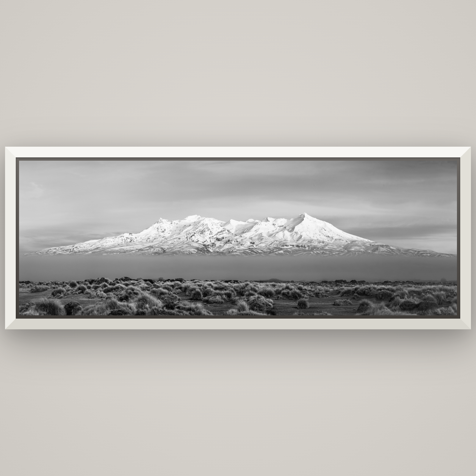 Ruapehu, The Floating Volcano — Basel White, 198×70 cm. New Zealand fine art wall art by Stephen Milner.