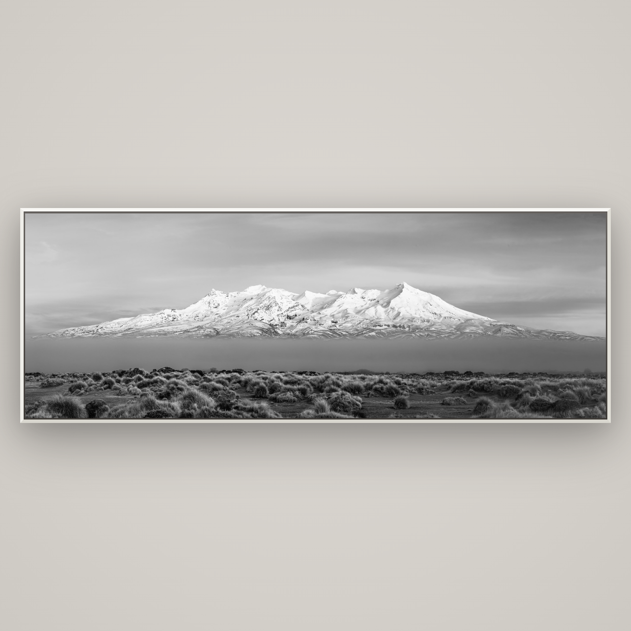 Ruapehu, The Floating Volcano — Basel White, 227×80 cm. New Zealand fine art wall art by Stephen Milner.