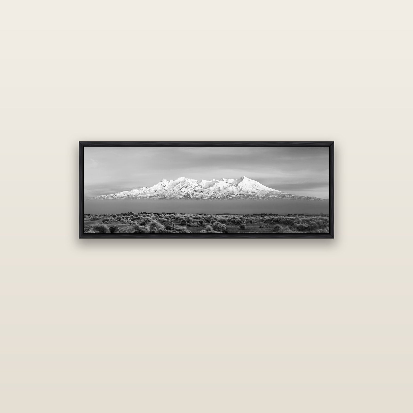 Ruapehu, The Floating Volcano — black float frame canvas, 102 × 36 cm. New Zealand fine art landscape wall art by Stephen Milner.