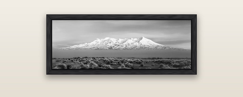 Ruapehu, The Floating Volcano — black float frame canvas, 102 × 36 cm. New Zealand fine art landscape wall art by Stephen Milner.