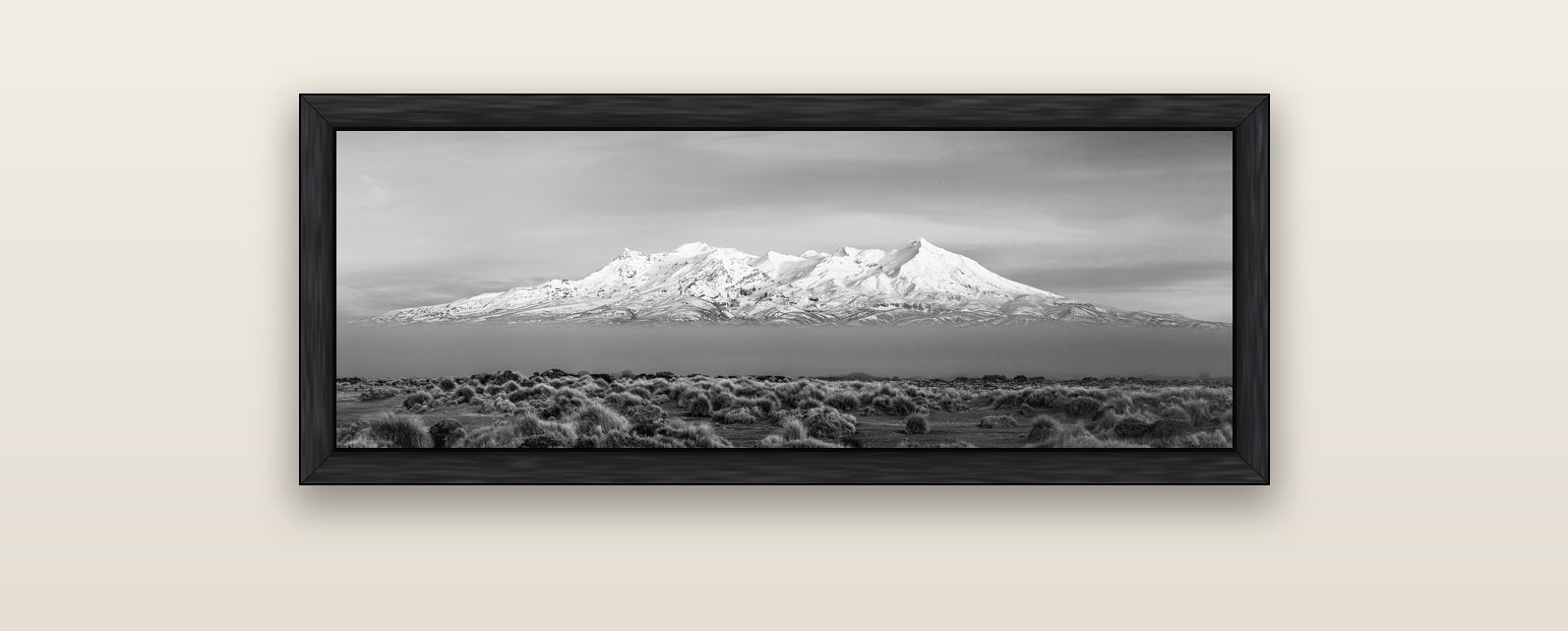 Ruapehu, The Floating Volcano — black float frame canvas, 102 × 36 cm. New Zealand fine art landscape wall art by Stephen Milner.