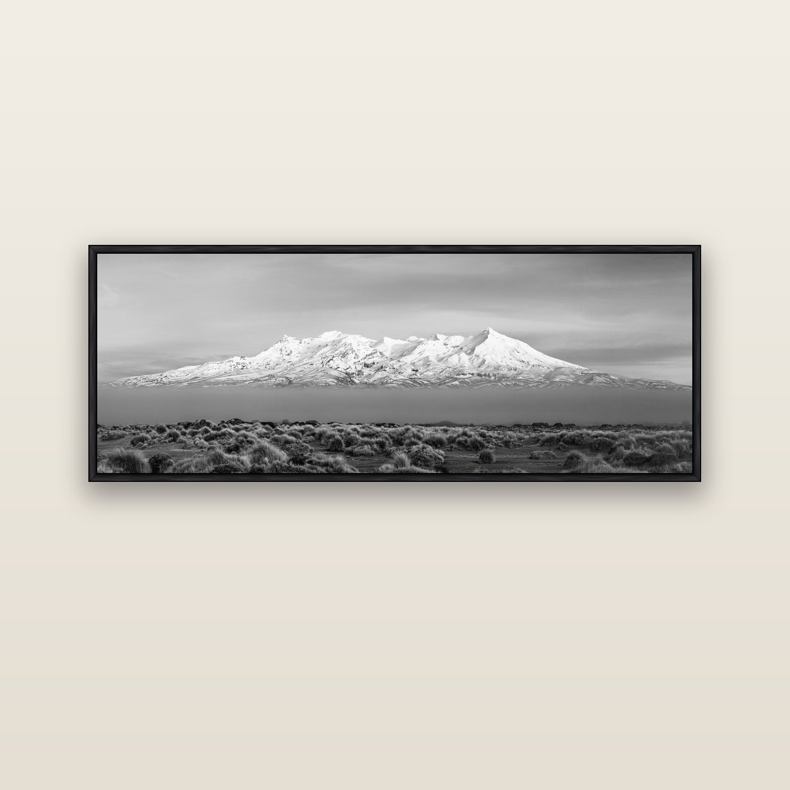 Ruapehu, The Floating Volcano — black float frame canvas, 152 × 56 cm. New Zealand fine art landscape wall art by Stephen Milner.